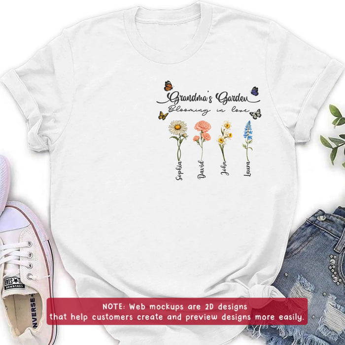 Personalized Grandma Garden Embroidered Shirt/ Hoodie - Custom Floral Shirt with Grandchildren Names, Blooming in Love Grandma - Gift Idea For Grandma/ Mother's Day