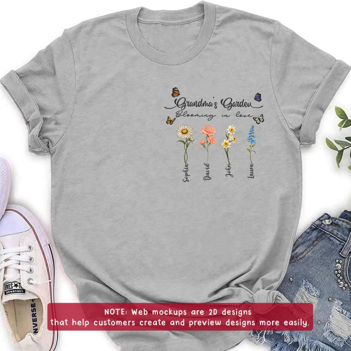 Personalized Grandma Garden Embroidered Shirt/ Hoodie - Custom Floral Shirt with Grandchildren Names, Blooming in Love Grandma - Gift Idea For Grandma/ Mother's Day