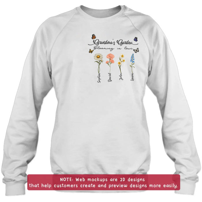 Personalized Grandma Garden Embroidered Shirt/ Hoodie - Custom Floral Shirt with Grandchildren Names, Blooming in Love Grandma - Gift Idea For Grandma/ Mother's Day