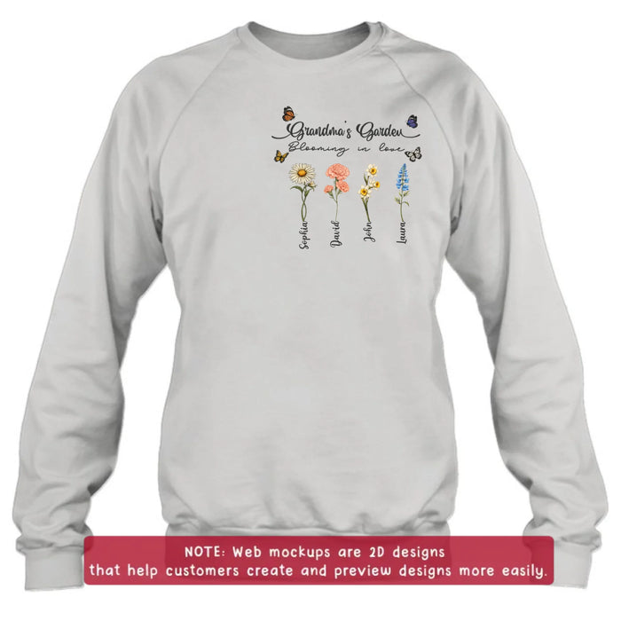 Personalized Grandma Garden Embroidered Shirt/ Hoodie - Custom Floral Shirt with Grandchildren Names, Blooming in Love Grandma - Gift Idea For Grandma/ Mother's Day