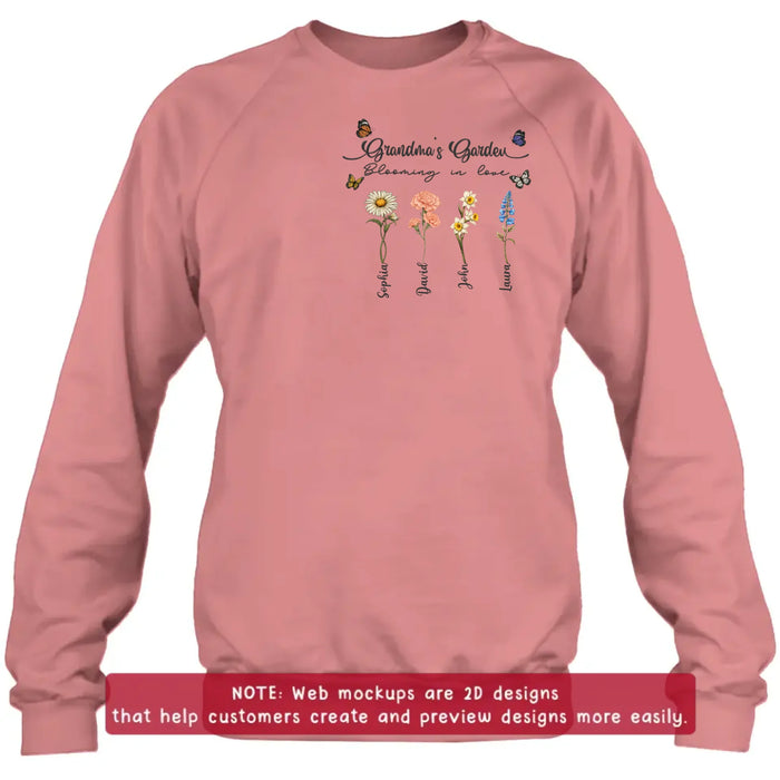 Personalized Grandma Garden Embroidered Shirt/ Hoodie - Custom Floral Shirt with Grandchildren Names, Blooming in Love Grandma - Gift Idea For Grandma/ Mother's Day
