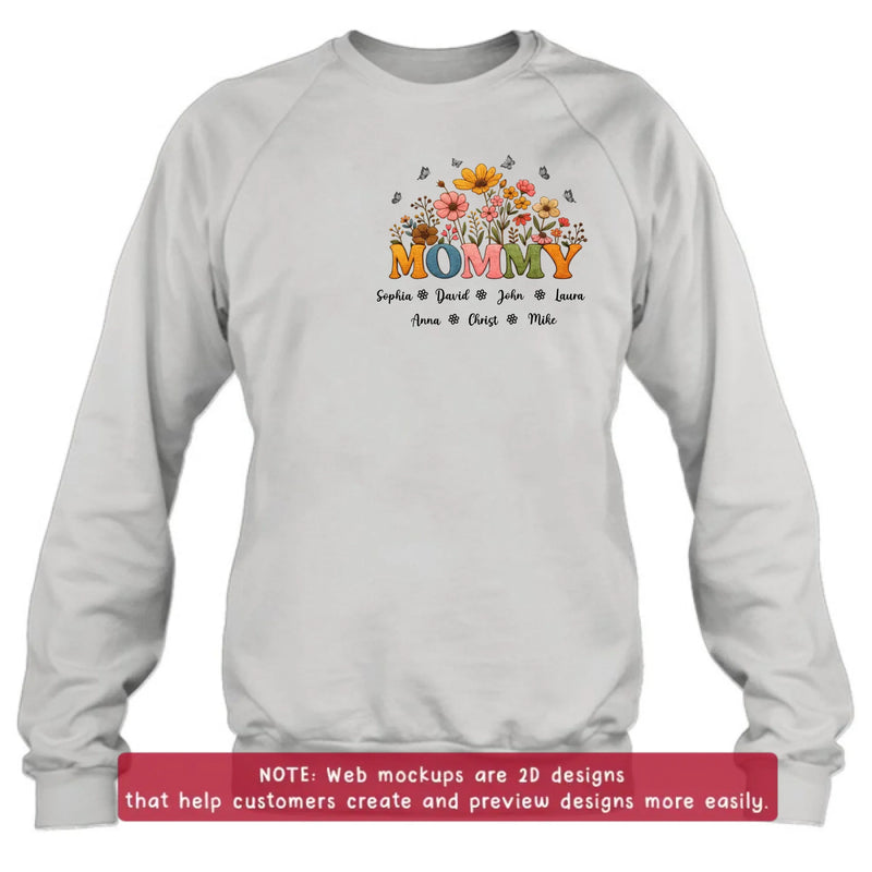 Personalized Mommy Birth Flower Embroidered Shirt/ Hoodie - Custom Kids Names Floral Mother’s Day Gift for Mom with up to 7 Kids