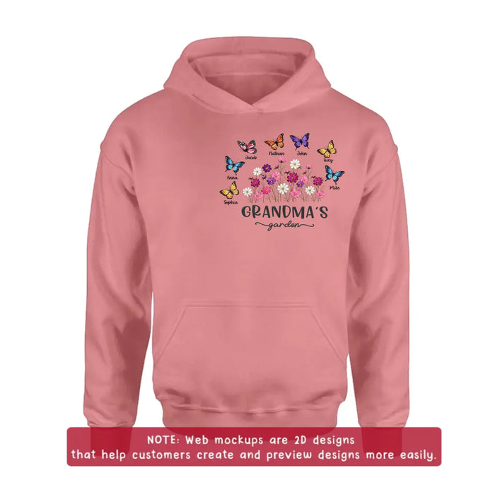 Personalized Grandma’s Garden Embroidered Shirt/ Hoodie with Butterflies & Flowers - Custom Grandchildren Names Shirt for Grandma - Mother’s Day Gift, Grandma Birthday with up to 7 Kids