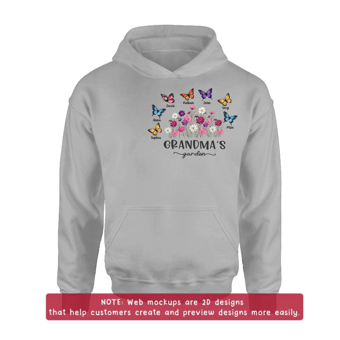 Personalized Grandma’s Garden Embroidered Shirt/ Hoodie with Butterflies & Flowers - Custom Grandchildren Names Shirt for Grandma - Mother’s Day Gift, Grandma Birthday with up to 7 Kids