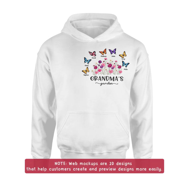 Personalized Grandma’s Garden Embroidered Shirt/ Hoodie with Butterflies & Flowers - Custom Grandchildren Names Shirt for Grandma - Mother’s Day Gift, Grandma Birthday with up to 7 Kids