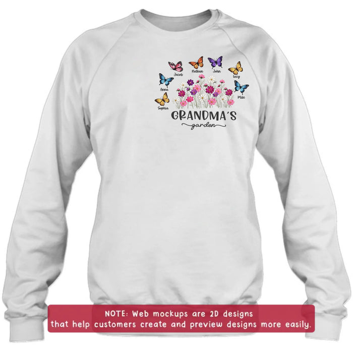 Personalized Grandma’s Garden Embroidered Shirt/ Hoodie with Butterflies & Flowers - Custom Grandchildren Names Shirt for Grandma - Mother’s Day Gift, Grandma Birthday with up to 7 Kids