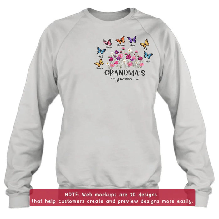 Personalized Grandma’s Garden Embroidered Shirt/ Hoodie with Butterflies & Flowers - Custom Grandchildren Names Shirt for Grandma - Mother’s Day Gift, Grandma Birthday with up to 7 Kids