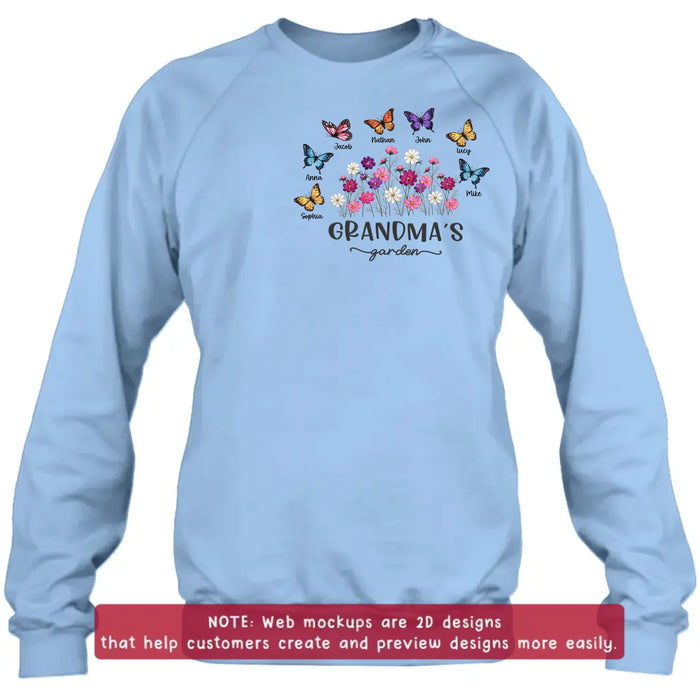 Personalized Grandma’s Garden Embroidered Shirt/ Hoodie with Butterflies & Flowers - Custom Grandchildren Names Shirt for Grandma - Mother’s Day Gift, Grandma Birthday with up to 7 Kids