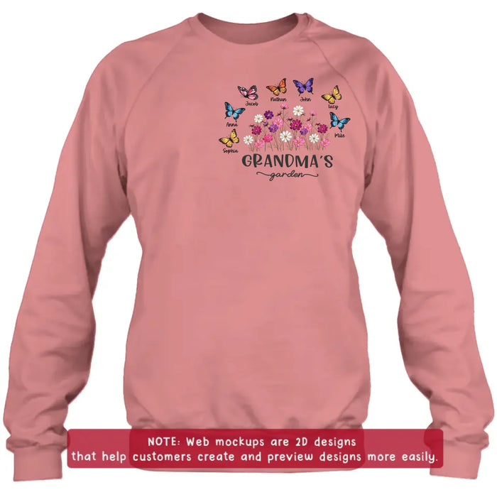 Personalized Grandma’s Garden Embroidered Shirt/ Hoodie with Butterflies & Flowers - Custom Grandchildren Names Shirt for Grandma - Mother’s Day Gift, Grandma Birthday with up to 7 Kids