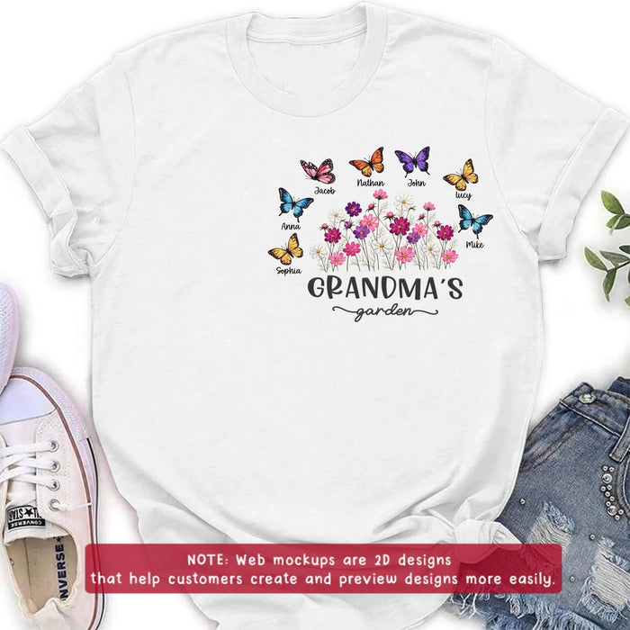 Personalized Grandma’s Garden Embroidered Shirt/ Hoodie with Butterflies & Flowers - Custom Grandchildren Names Shirt for Grandma - Mother’s Day Gift, Grandma Birthday with up to 7 Kids
