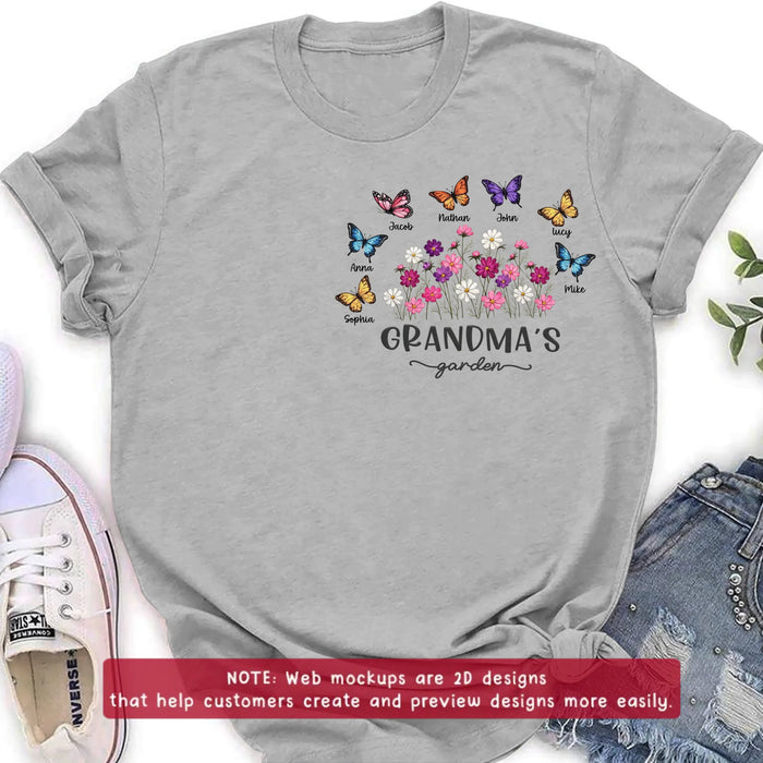 Personalized Grandma’s Garden Embroidered Shirt/ Hoodie with Butterflies & Flowers - Custom Grandchildren Names Shirt for Grandma - Mother’s Day Gift, Grandma Birthday with up to 7 Kids