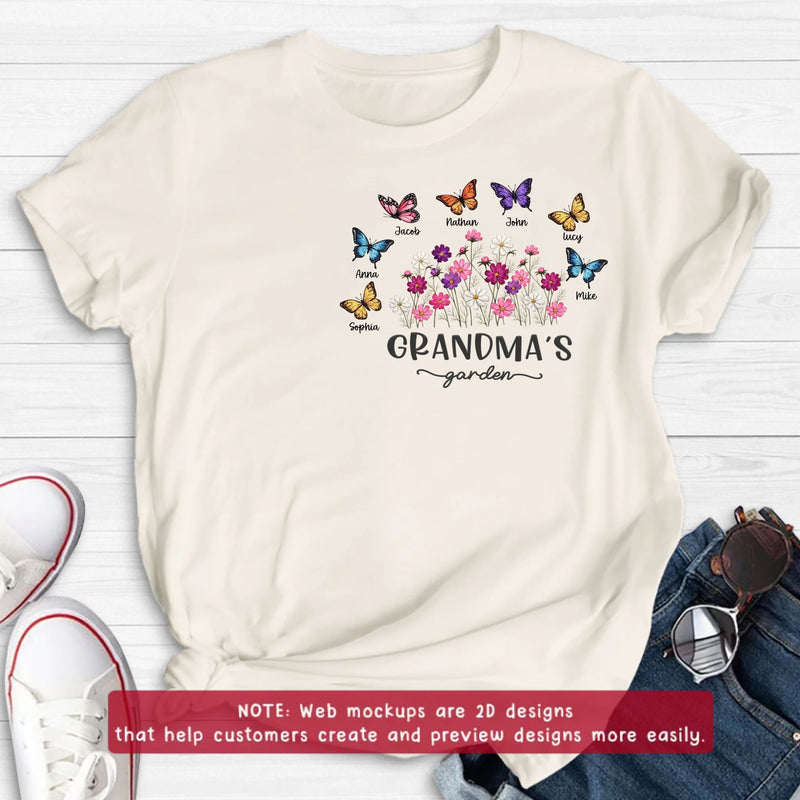 Personalized Grandma’s Garden Embroidered Shirt/ Hoodie with Butterflies & Flowers - Custom Grandchildren Names Shirt for Grandma - Mother’s Day Gift, Grandma Birthday with up to 7 Kids
