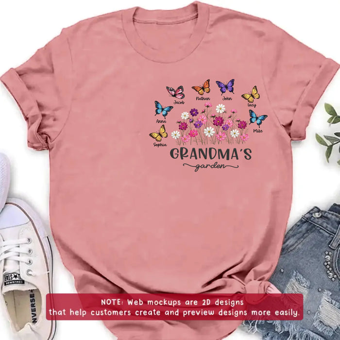 Personalized Grandma’s Garden Embroidered Shirt/ Hoodie with Butterflies & Flowers - Custom Grandchildren Names Shirt for Grandma - Mother’s Day Gift, Grandma Birthday with up to 7 Kids