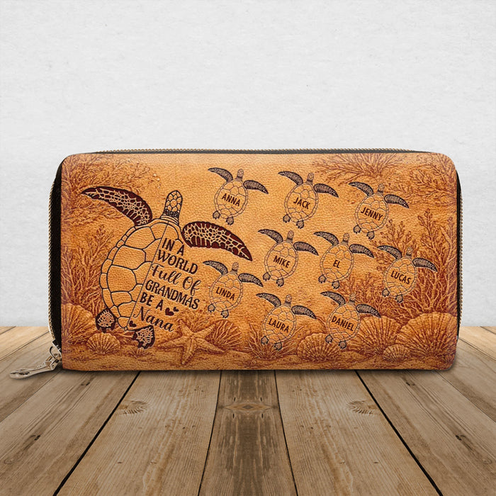 Personalized Sea Turtle Grandma Long Wallet – Custom Names Leather Wallet for Nana – A World Full of Grandmas Blessing Gift from Grandkids