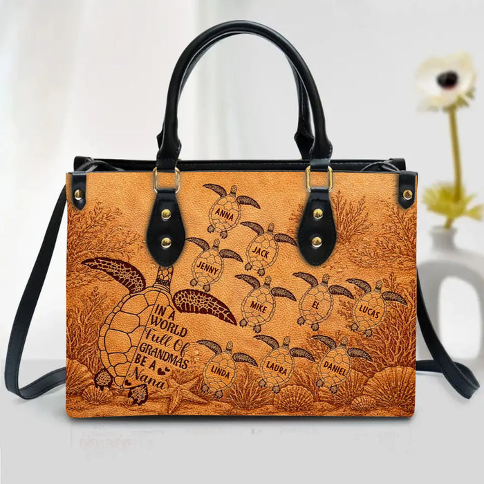 Personalized Sea Turtle Grandma PU Leather Handbag with Long Straps – Custom Names Leather Wallet for Nana – A World Full of Grandmas Blessing Gift from Grandkids