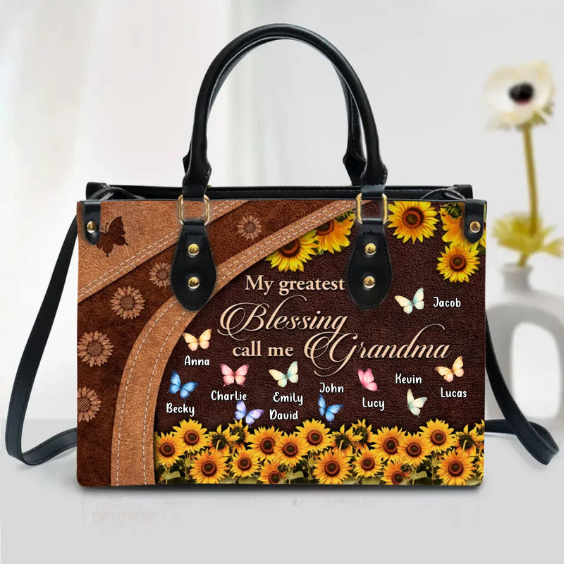 Personalized Grandma PU Leather Handbag with Long Straps - Mother's Day Gift Idea with up to 10 Kids - My Greatest Blessing Call Me Grandma
