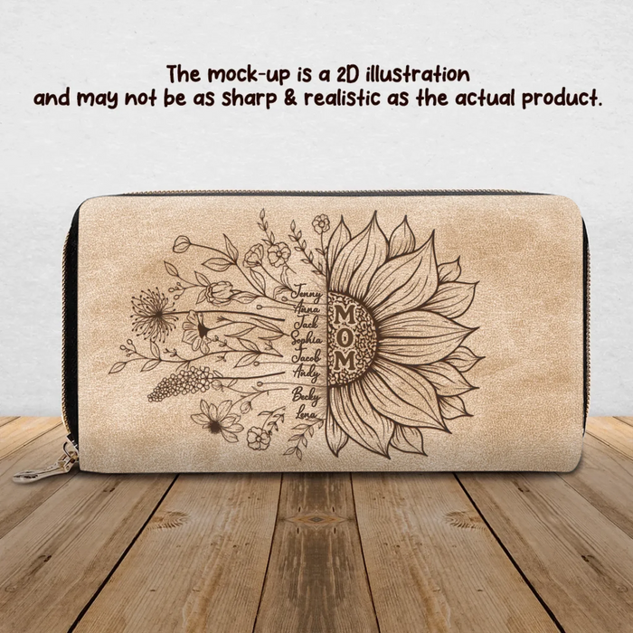 Personalized Sunflower Mom Long Wallet – Custom Names with up to 8 Kids – Mother’s Day Gift for Mom
