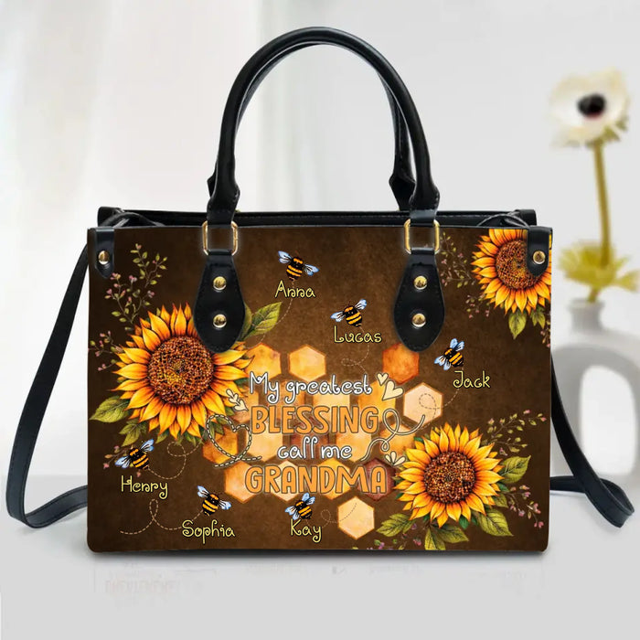 Personalized Grandma PU Leather Handbag with Long Straps - Mother's Day Gift Idea For Mom/ Grandma with up to 6 Kids - My Greatest Blessing Call Me Grandma