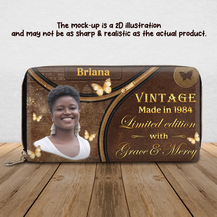 Personalized Vintage Long Wallet – Custom Photo & Name  – “Limited Edition Made in 1984” Birthday Gift for Women, Wife, Mom or Best Friend