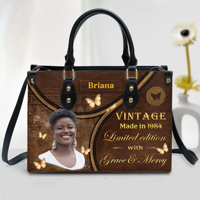 Personalized Vintage PU Leather Handbag with Long Straps – Custom Photo & Name  – “Limited Edition Made in 1984” Birthday Gift for Women, Wife, Mom or Best Friend