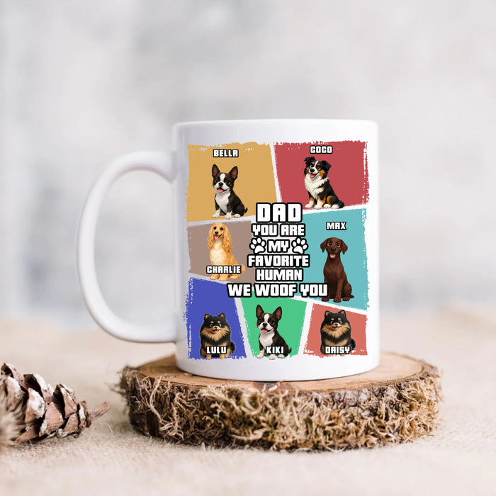 Personalized Dog Dad Coffee Mug – “Dad You Are My Favorite Human We Woof You”  – Father’s Day, Birthday or Christmas Gift with up to 7 Dogs