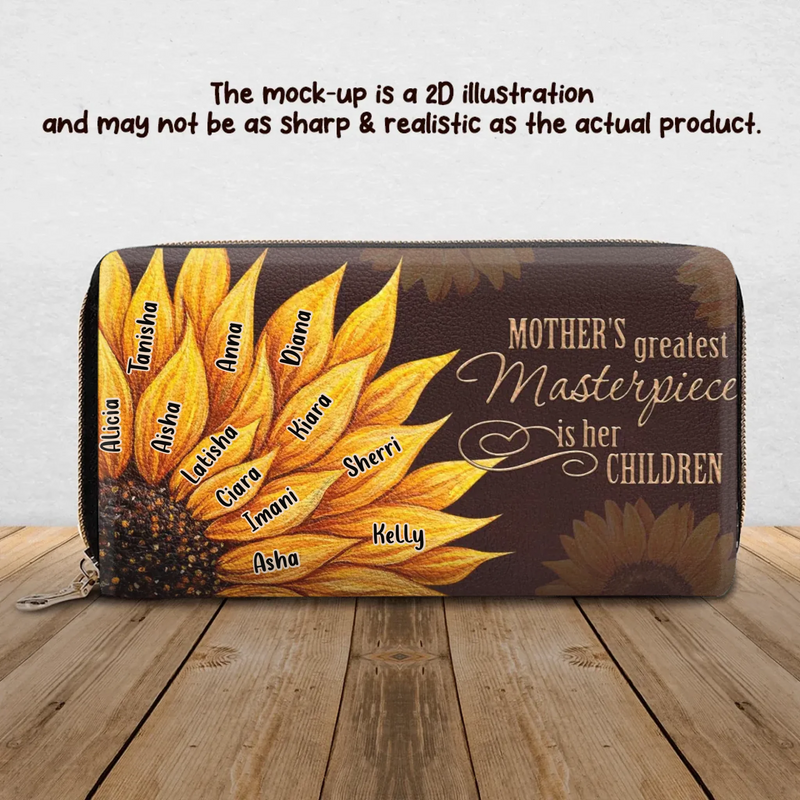 Personalized Mom Sunflower Long Wallet – “Mother’s Greatest Masterpiece Is Her Children” Custom Kids Names with up to 12 Kids – Mother’s Day, Birthday or Christmas Gift for Mom/ Grandma