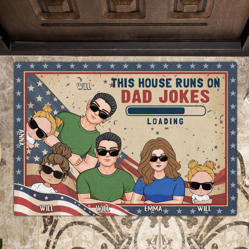 Custom Personalized Family Doormat - Gift Idea For Father's Day - Up to 6 Members - This House Runs On Dad Jokes