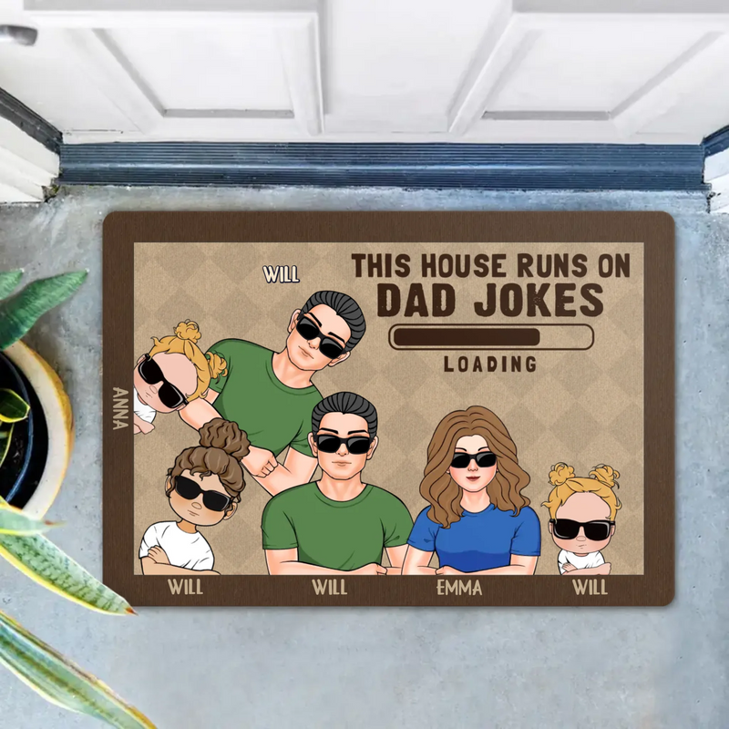 Custom Personalized Family Doormat - Gift Idea For Father's Day - Up to 6 Kids - This House Runs On Dad Jokes