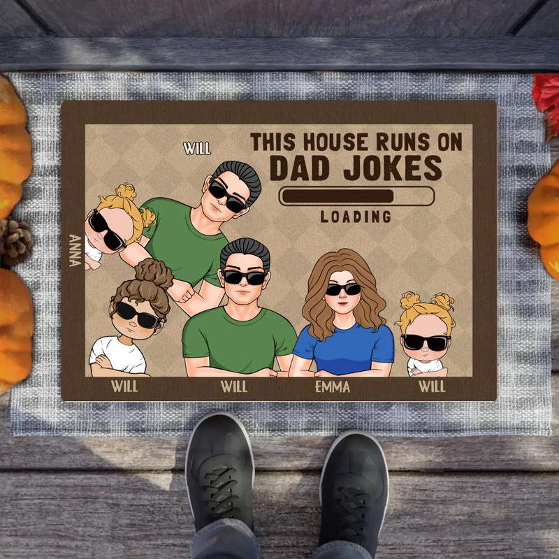 Custom Personalized Family Doormat - Gift Idea For Father's Day - Up to 6 Kids - This House Runs On Dad Jokes