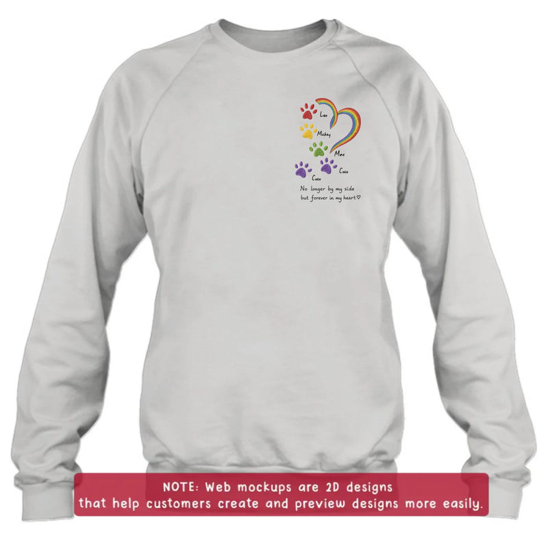 Personalized Rainbow Bridge Pet Memorial Embroidered Shirt/ Hoodie – Custom Pet Names Paw Print T-Shirt – No Longer By My Side But Forever In My Hearts