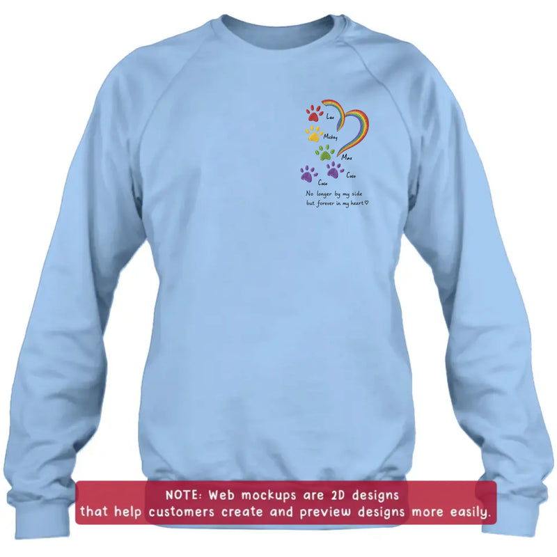 Personalized Rainbow Bridge Pet Memorial Embroidered Shirt/ Hoodie – Custom Pet Names Paw Print T-Shirt – No Longer By My Side But Forever In My Hearts