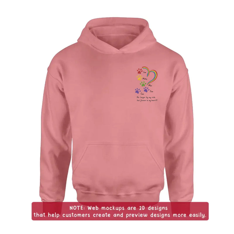 Personalized Rainbow Bridge Pet Memorial Embroidered Shirt/ Hoodie – Custom Pet Names Paw Print T-Shirt – No Longer By My Side But Forever In My Hearts