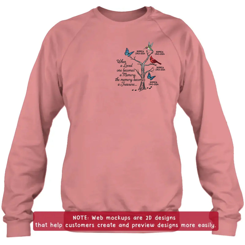 Personalized Memorial Embroidered Shirt/ Hoodie - Family Tree Remembrance with Birds & Butterfly - When A Loved One Becomes A Memory, The Memory Becomes A Treasure