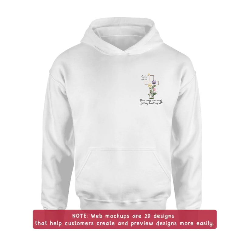 Personalized Cross Memorial Embroidered Shirt/ Hoodie - Custom Sympathy Gift with Name & Years - Floral Cross Remembrance T-Shirt, Your Wings Were Ready But My Heart Was Not