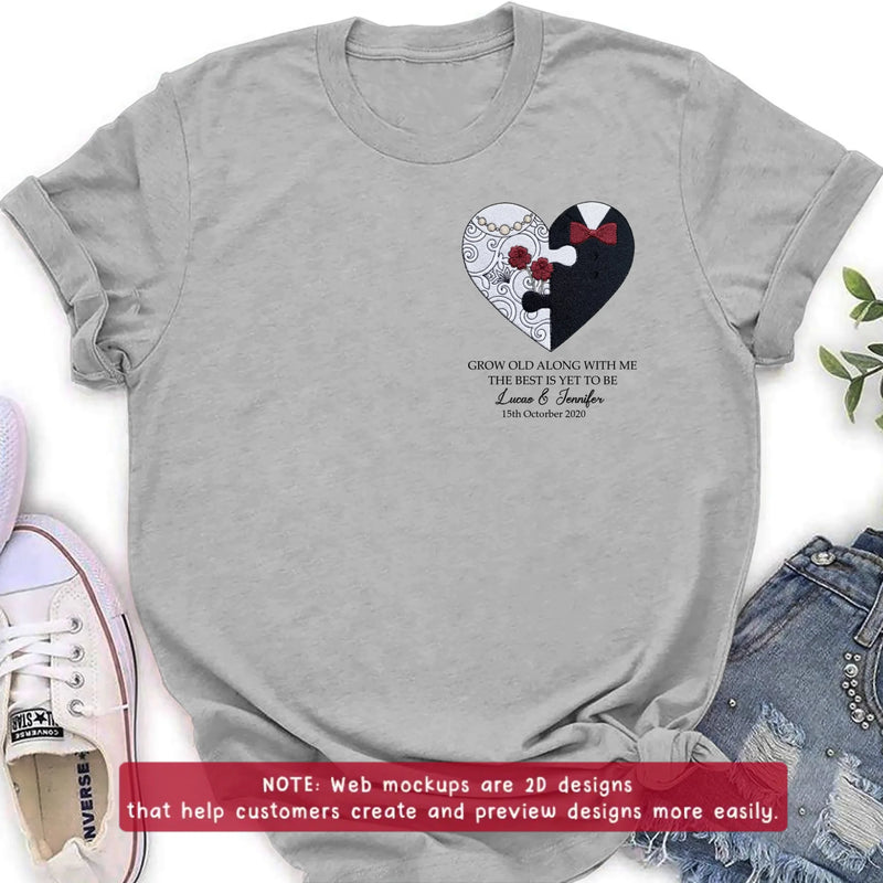 Personalized Couple Heart Puzzle Embroidered Shirt/ Hoodie - Wedding Anniversary Gift for Husband Wife - Grow Old Along With Me