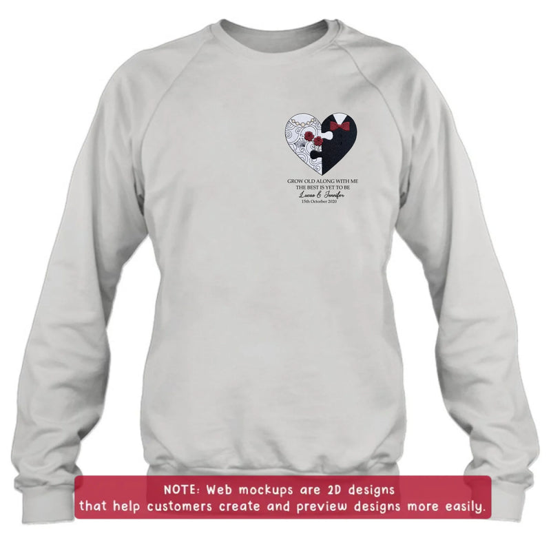 Personalized Couple Heart Puzzle Embroidered Shirt/ Hoodie - Wedding Anniversary Gift for Husband Wife - Grow Old Along With Me