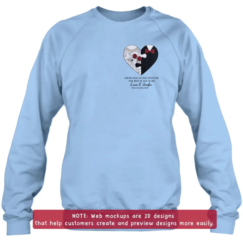 Personalized Couple Heart Puzzle Embroidered Shirt/ Hoodie - Wedding Anniversary Gift for Husband Wife - Grow Old Along With Me
