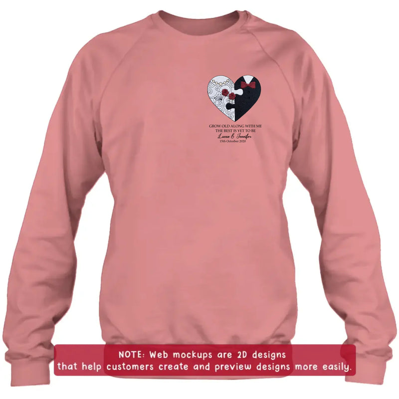 Personalized Couple Heart Puzzle Embroidered Shirt/ Hoodie - Wedding Anniversary Gift for Husband Wife - Grow Old Along With Me