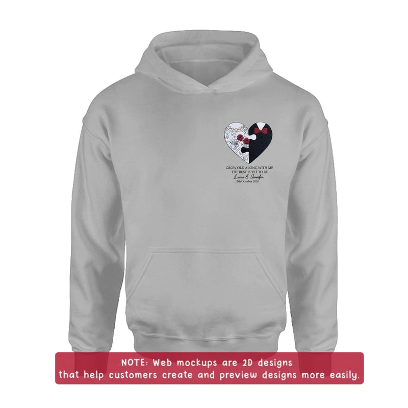Personalized Couple Heart Puzzle Embroidered Shirt/ Hoodie - Wedding Anniversary Gift for Husband Wife - Grow Old Along With Me