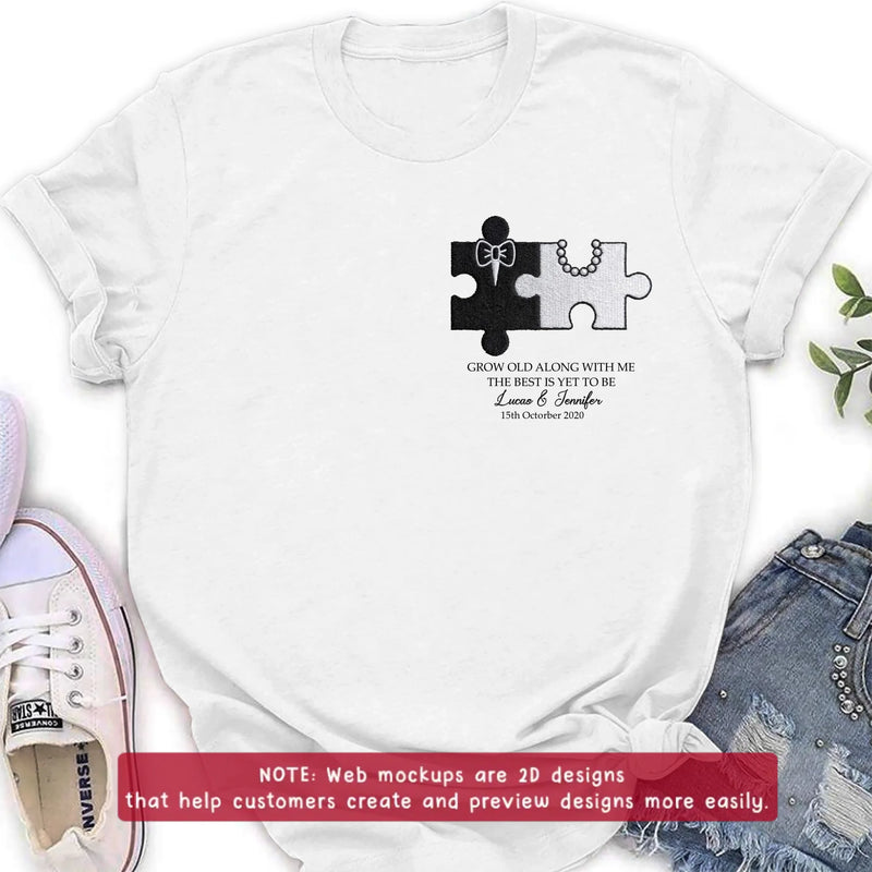 Personalized Couple Puzzle Embroidered Shirt/ Hoodie - Wedding Anniversary Gift for Husband Wife - Grow Old Along With Me