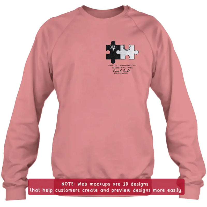 Personalized Couple Puzzle Embroidered Shirt/ Hoodie - Wedding Anniversary Gift for Husband Wife - Grow Old Along With Me