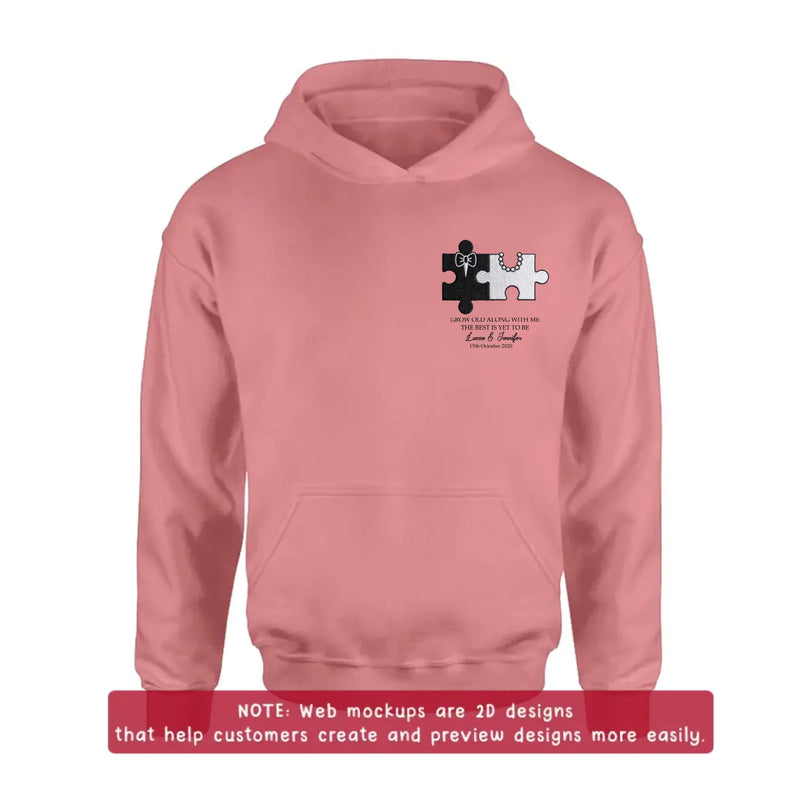 Personalized Couple Puzzle Embroidered Shirt/ Hoodie - Wedding Anniversary Gift for Husband Wife - Grow Old Along With Me