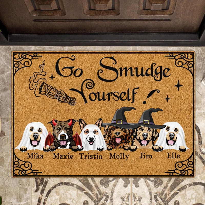 Personalized Dog Doormat - Halloween Welcome Sign - Gift Idea For Dog Lover With Up to 6 Dogs - Go Smudge Yourself