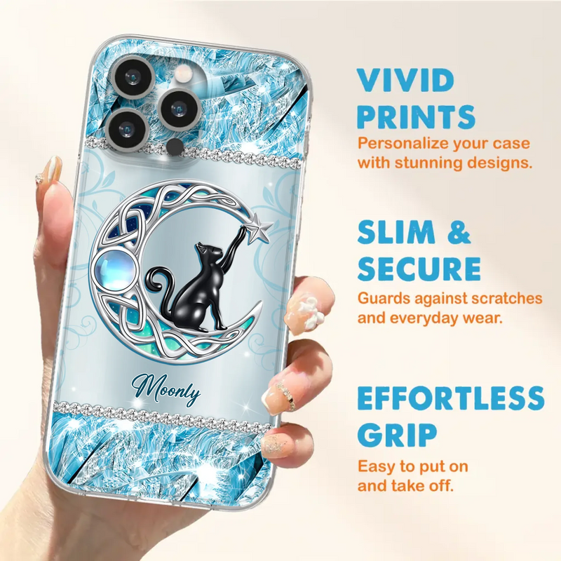 Custom Personalized Black Cat Moonstone Phone Case - Gift Idea For Cat Lover - Case For iPhone/ Samsung