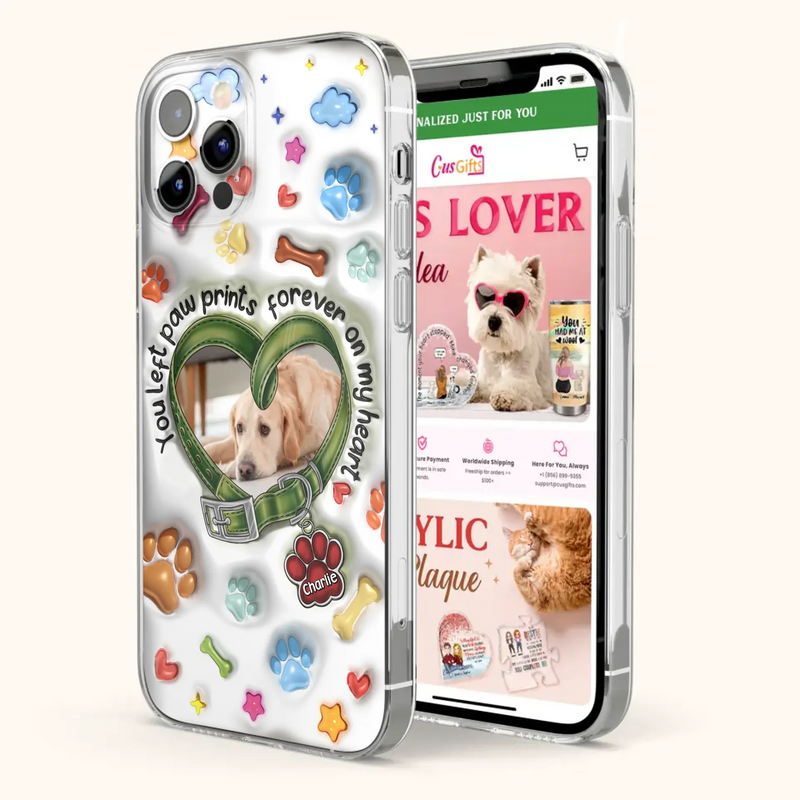 Custom Personalized Memorial Dog 3D Inflated Effect Phone Case - Upload Photo - Memorial Gift Idea - You Left Paw Prints Forever On My Heart - Case for iPhone/ Samsung