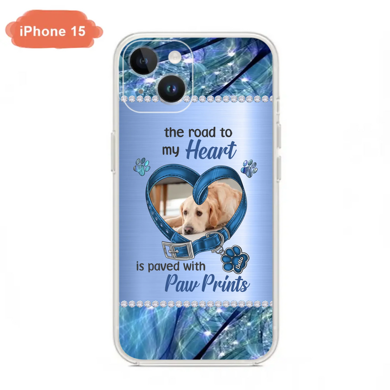 Custom Personalized Memorial Dog Collar Phone Case - Upload Photo - Memorial Gift Idea For Dog Owner - The Road To My Heart Is Paved With Paw Prints - Case for iPhone/ Samsung
