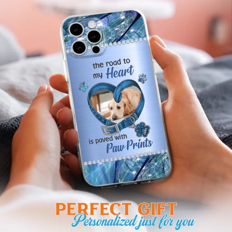 Custom Personalized Memorial Dog Collar Phone Case - Upload Photo - Memorial Gift Idea For Dog Owner - The Road To My Heart Is Paved With Paw Prints - Case for iPhone/ Samsung