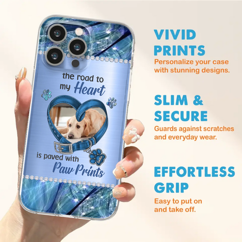 Custom Personalized Memorial Dog Collar Phone Case - Upload Photo - Memorial Gift Idea For Dog Owner - The Road To My Heart Is Paved With Paw Prints - Case for iPhone/ Samsung