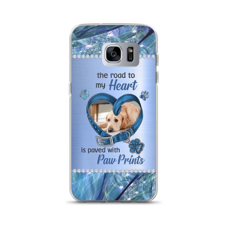 Custom Personalized Memorial Dog Collar Phone Case - Upload Photo - Memorial Gift Idea For Dog Owner - The Road To My Heart Is Paved With Paw Prints - Case for iPhone/ Samsung