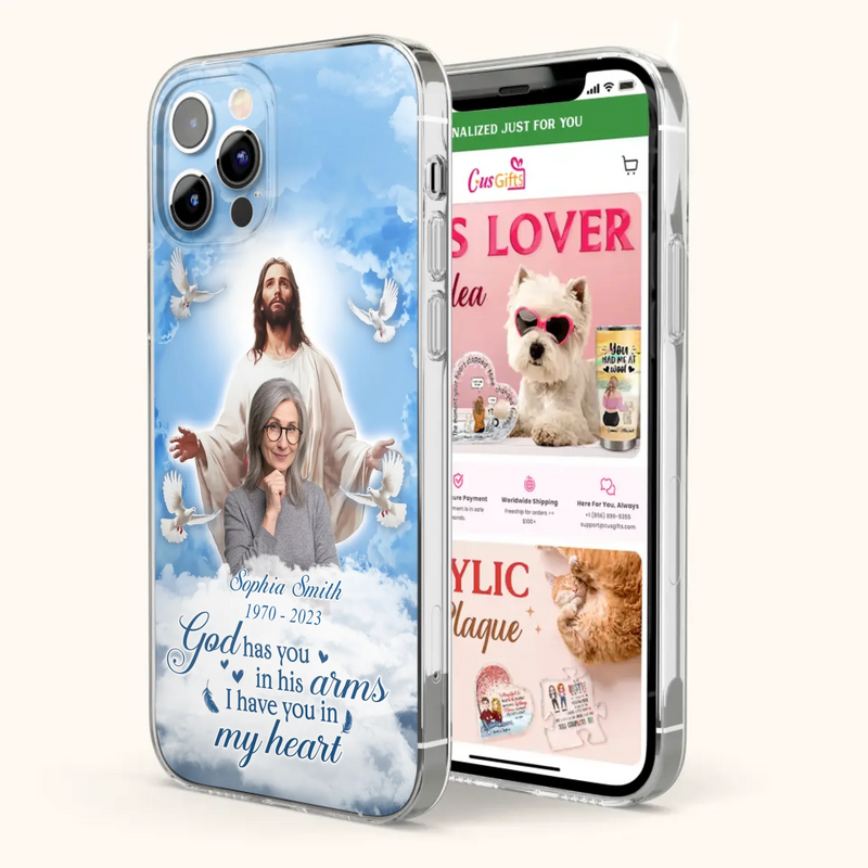 Custom Personalized Memorial Photo Phone Case - Memorial Gift Idea for Mother's Day/Father's Day - God Has You In His Arms I Have You In My Heart - Case for iPhone/Samsung